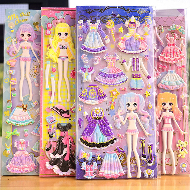 Crianças Vestir Boneca Adesivos, Dupla Camada, 3D Princesa, Desenho Animado  Etiqueta de Papel, Menina Kawaii Traje